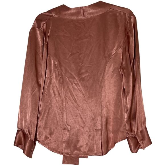 WAYF Women's Long Sleeve Satin Blouse Rose Gold Size Large Button Up Tie Front - Picture 3 of 6